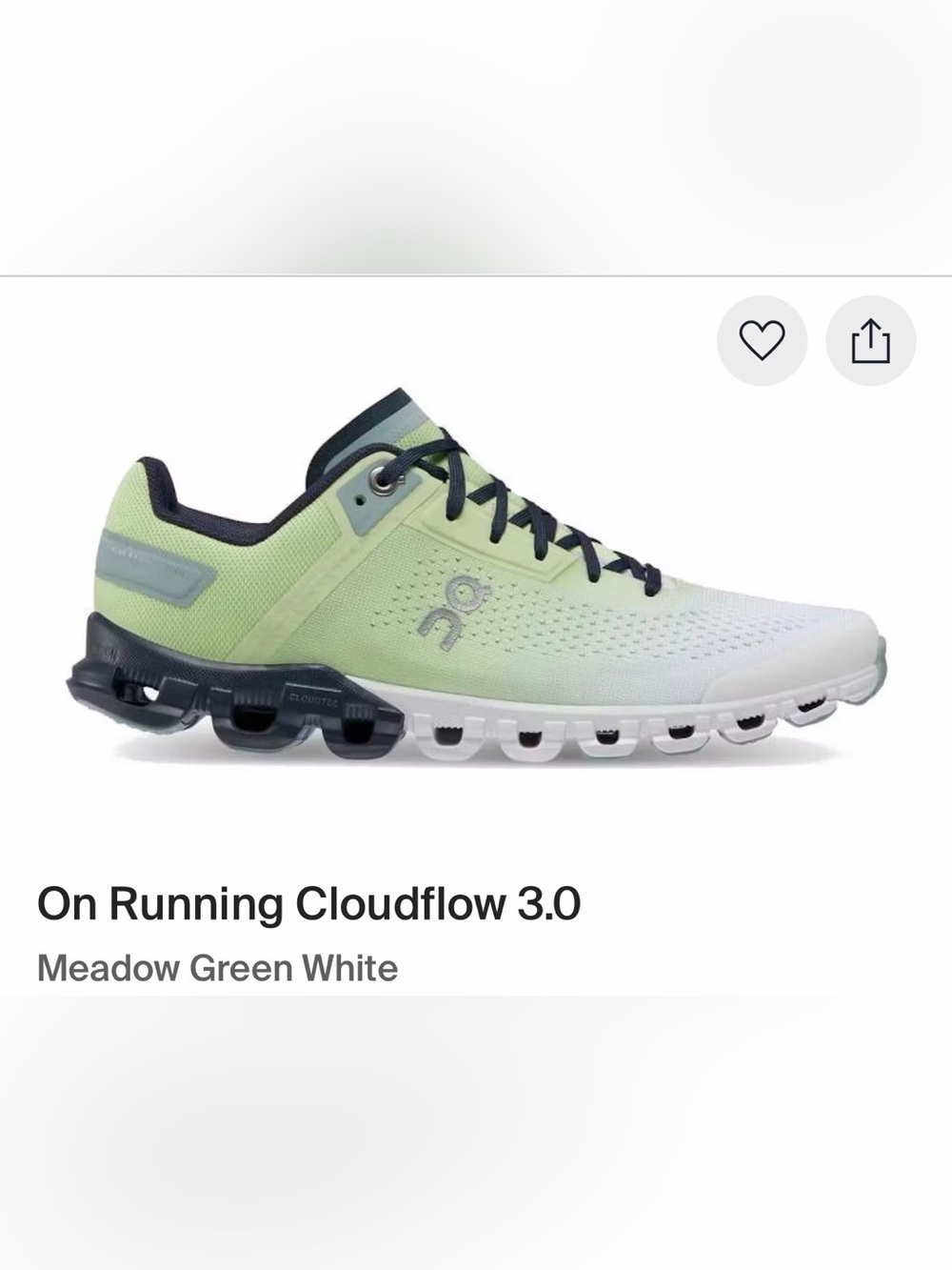 On Running Cloudflow 3.0 in Meadow Green and White Athletic Running Shoes
